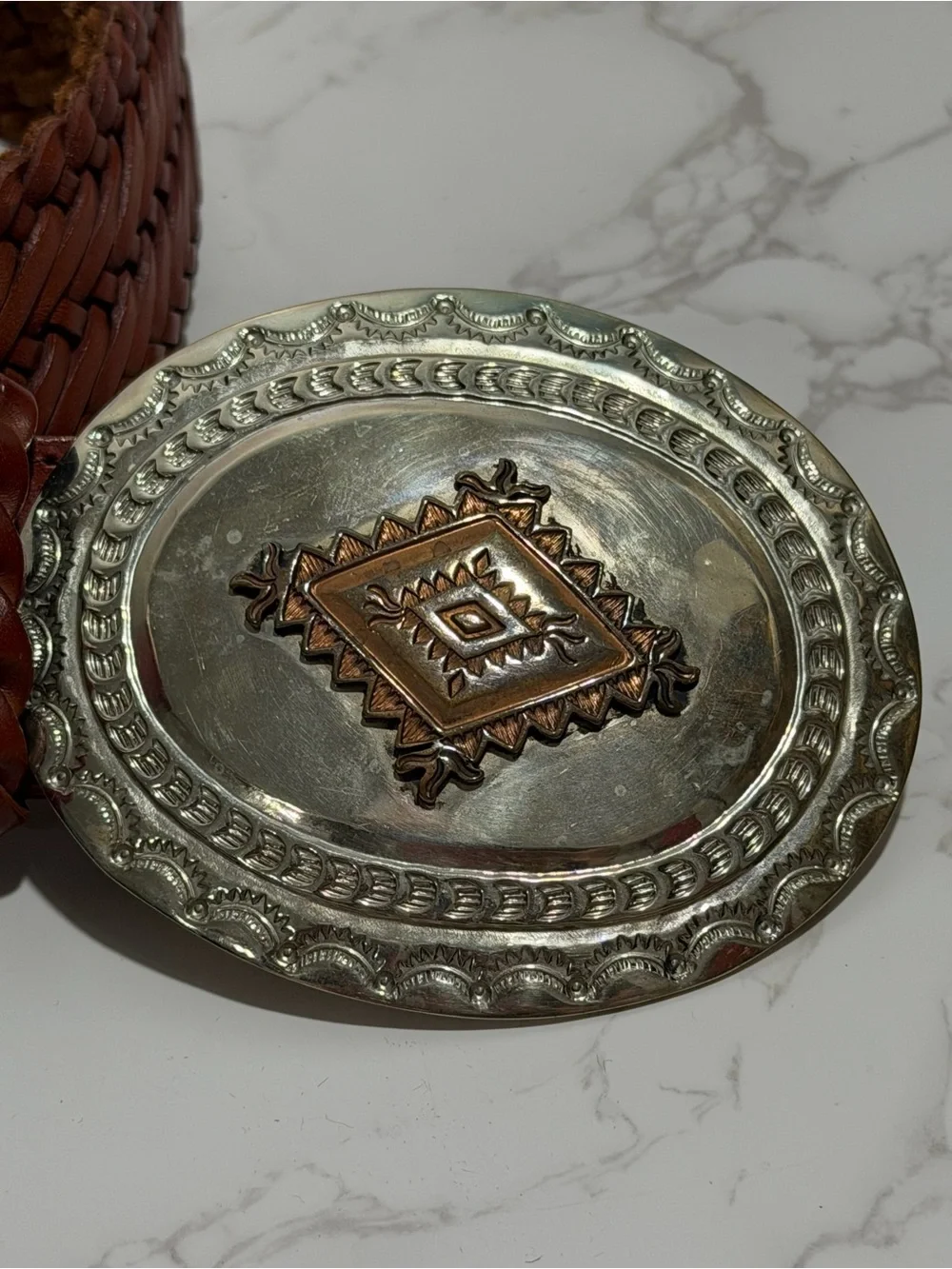 Vintage Woven Brown Leather Belt with Decorative Silver-Tone Buckle - M